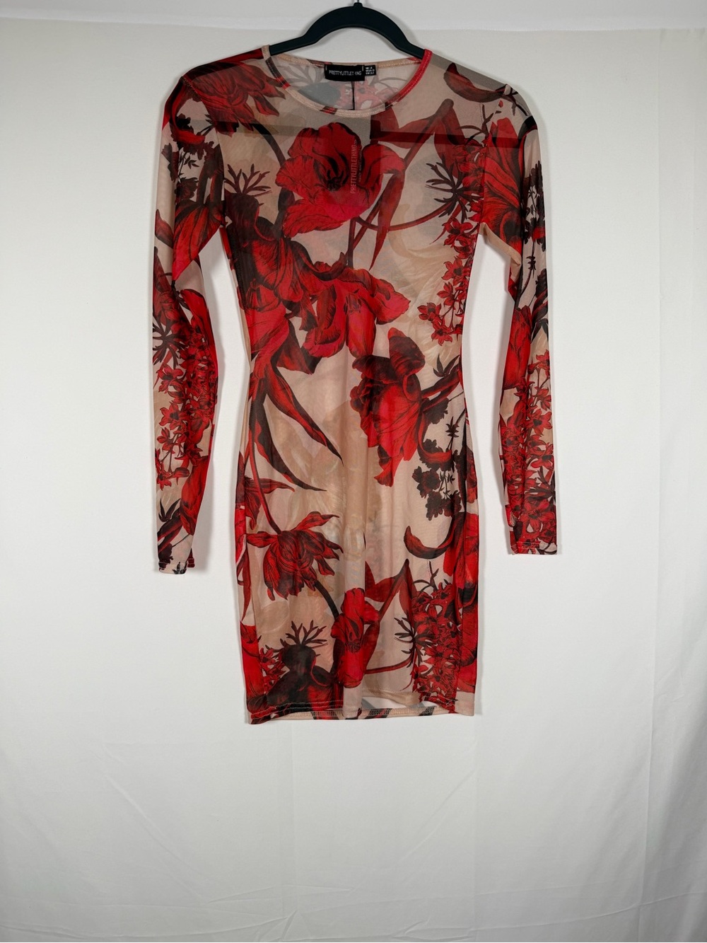 NWT PrettyLittleThing Red Floral Sheer Long Sleeve Mini Dress - Layering